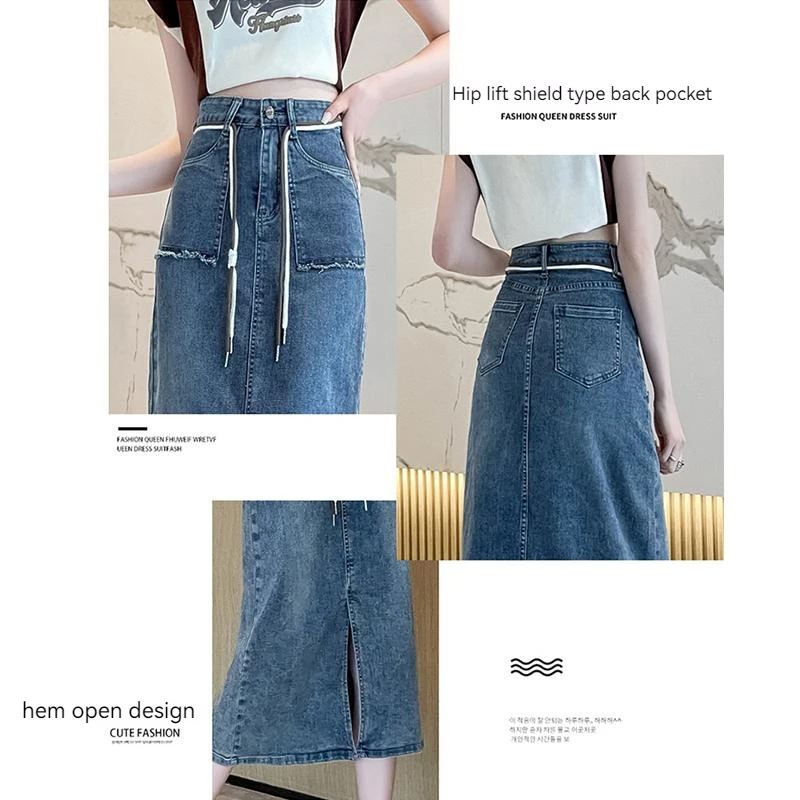 Real time photo of women's high waisted jeans retro blue casual 2023 new spring and autumn new retro mid length buttocks skirt
