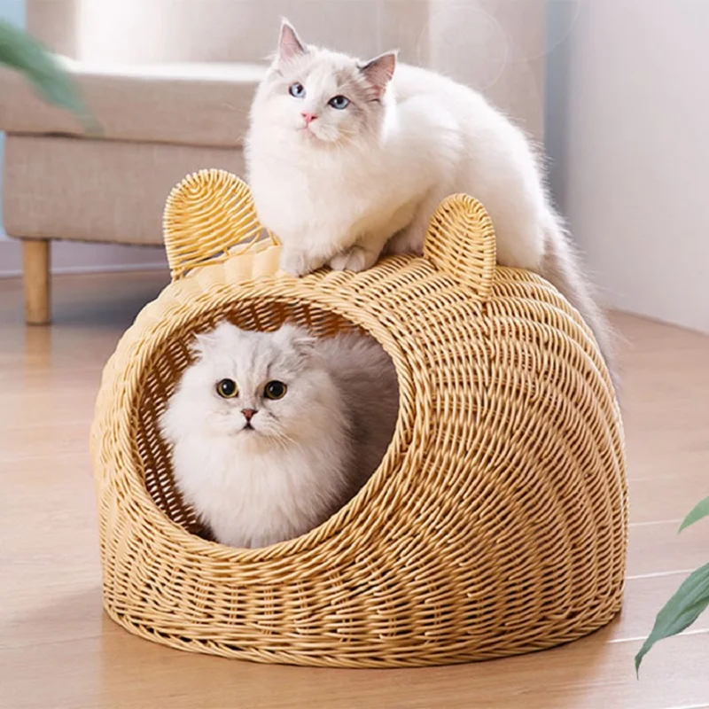 

Милая плетеная корзина для кошек, полузакрытая спальная кровать для домашних животных, Всесезонная гнездо из ротанга ручной работы, дышащи...
