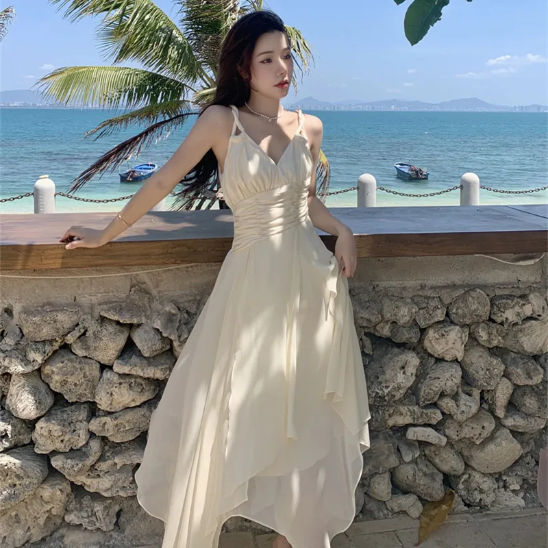 

COIGARSAM Summer Women's Dress 2021 French Style Spaghetti Strap High Waist V-Neck Apricot Dresses Dropshipping