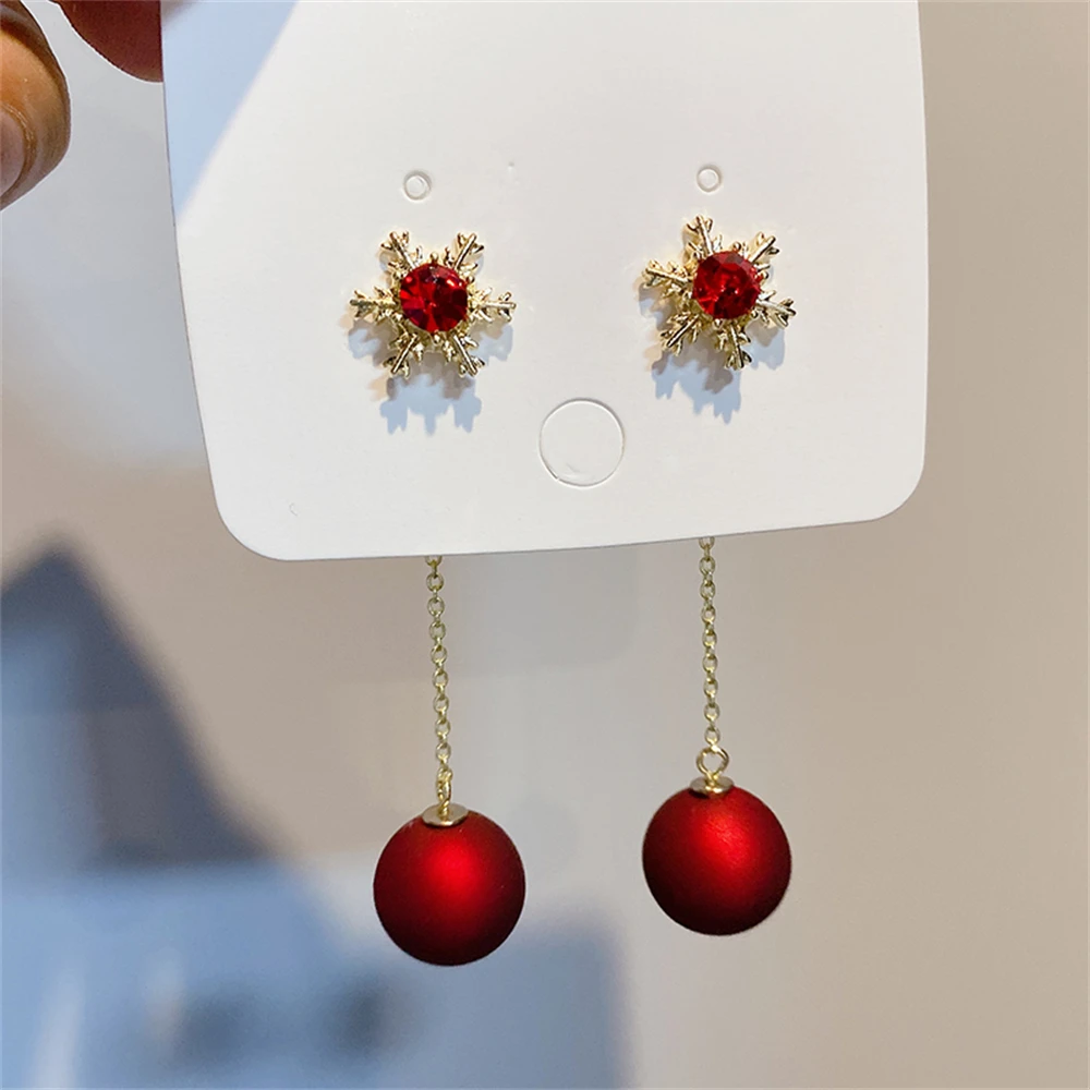 

Red Crystal Gold Snowflake Stud Earrings Simulated Pearl Long Tassel Dangle Earring For Women Christmas Gifts Korean Fashion