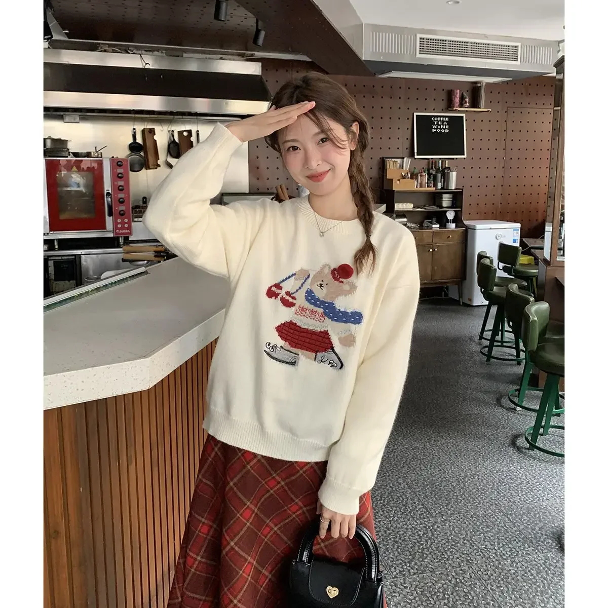 Kimotimo пуловер с вышивкой в виде милого медведя женский 2024 осень-зима мягкие