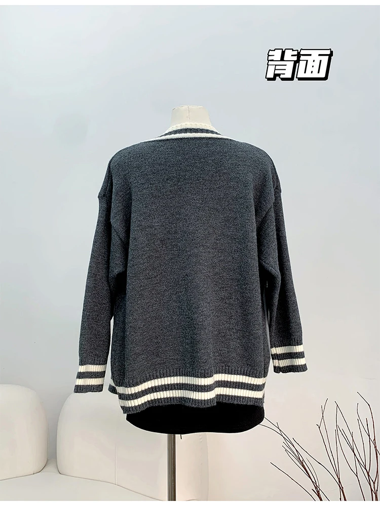 Женский серый кардиган в стиле Харадзюку свитер с длинным рукавом и V-образным