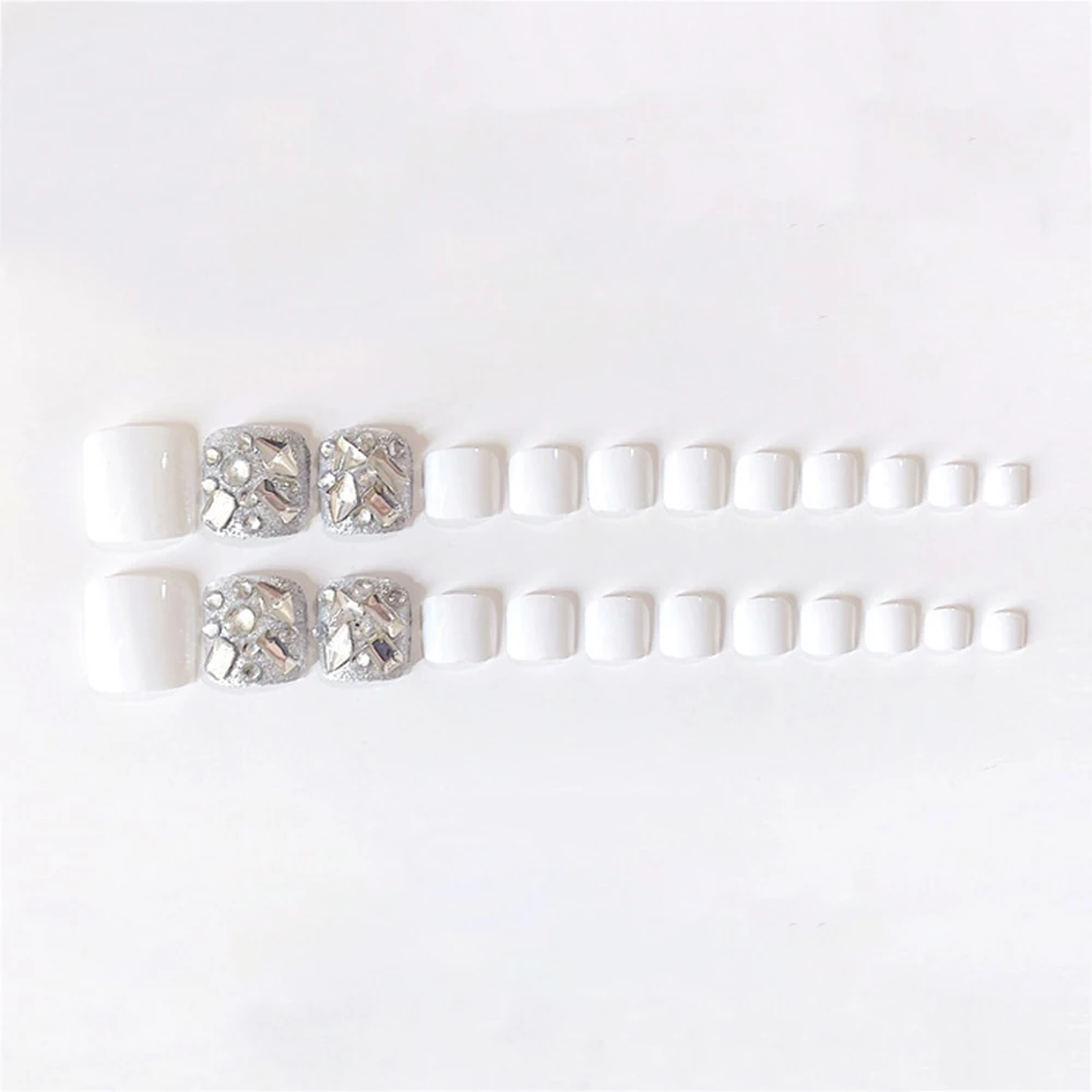 

наклейкі для ногтей 24Pcs Glossy White False Toenail Glittering Diamond Fake Nail For Women And Girl