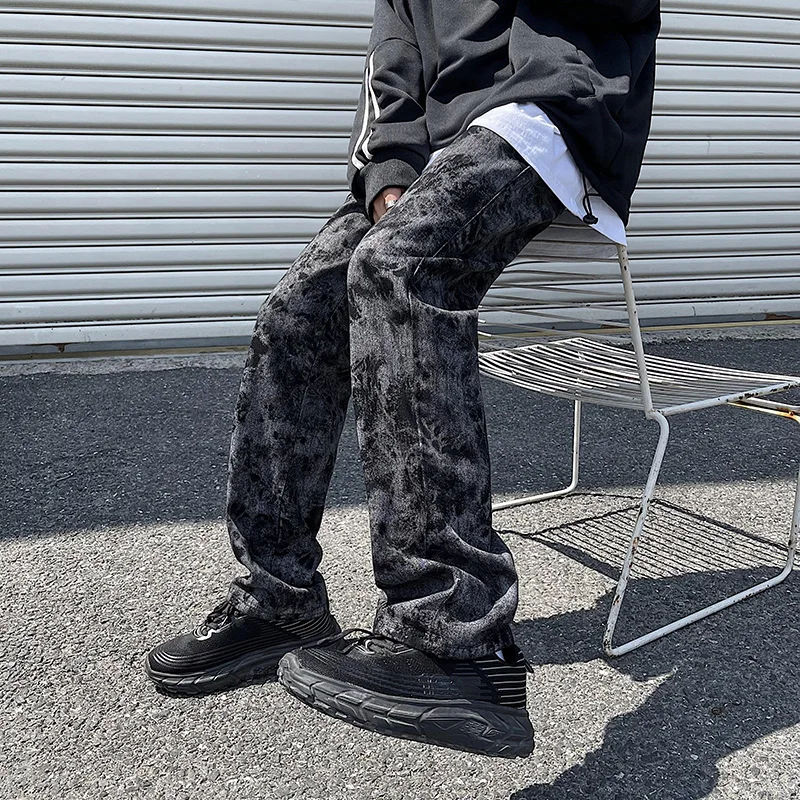 

2022 Streetwear Straight Jeans Men's Loose Tie-dye Printing Tide Brand Black Long Pants Hip-hop Denim Trousers Boyfriend Jeans