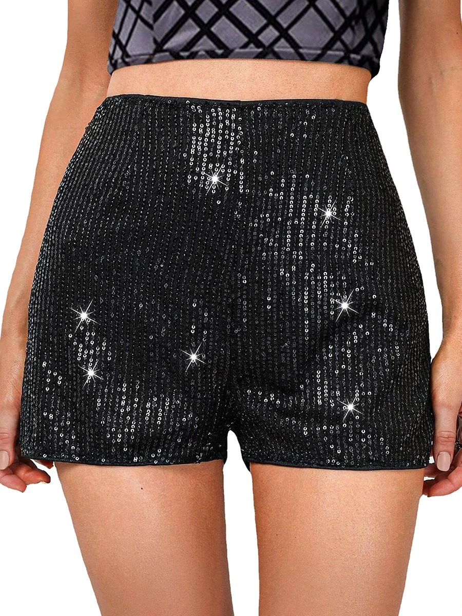 

Stylish and Shimmering Women's Mid Waist Sequin Shorts with Elastic Waistband - Perfect for Parties and Nights Out Clothing