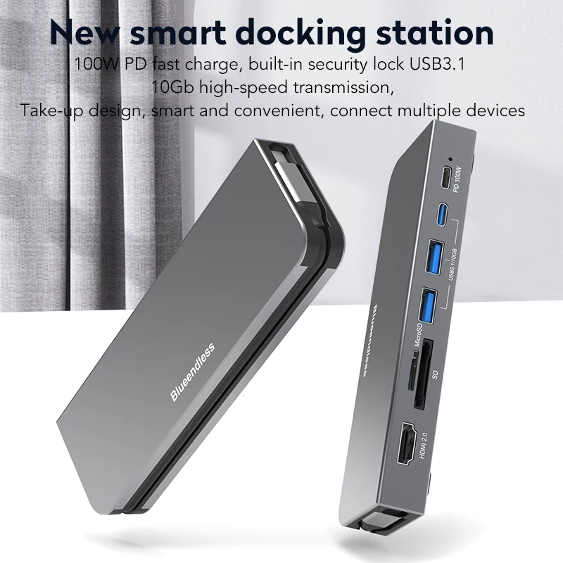 

Blueendless New Product 6 In 1 Portable Take Wire Usb C Hub 4k 60HZ HDTV RJ45 USB3.1 High Speed 7 In 1 Hub For Laptop Mobile