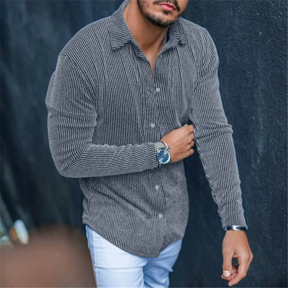 Men's Long Sleeve Shirts Vertical Stripe Slim Lapel Shirts