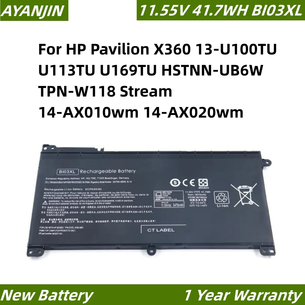 Фото Аккумулятор для ноутбука BI03XL 3615 мАч для HP Pavilion X360 13-U100TU U113TU U169TU HSTNN-UB6W TPN-W118 Stream 14-AX010wm 14-AX020wm №1