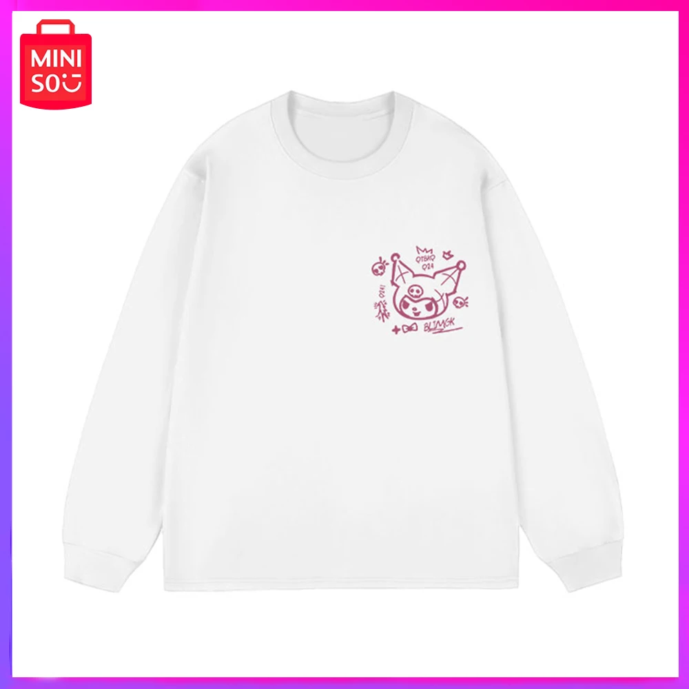 

Miniso Sanrio Kuromi New Autumn Vintage Preppy Crew-Neck Long-Sleeved T-Shirt Loose Top White Birthday Christmas Girl Boy Gifts