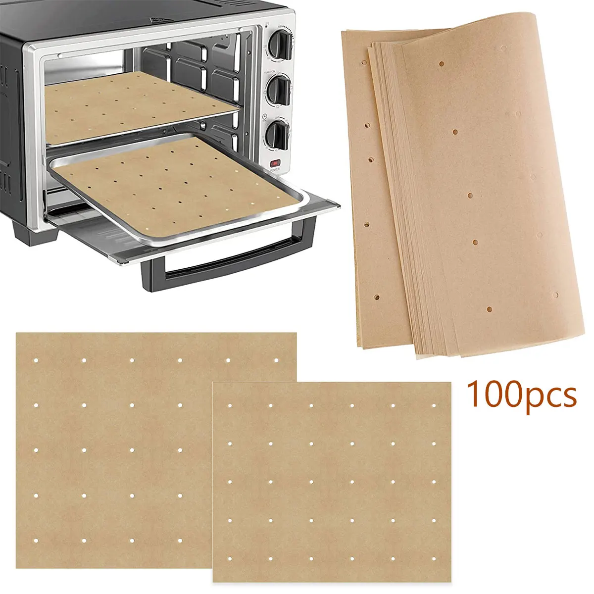 

100Pcs Air Fryer Paper Unbleached Air Fryer Parchment Paper Pads High Temperature Resistant Perforated Square Air Fryer Pads for