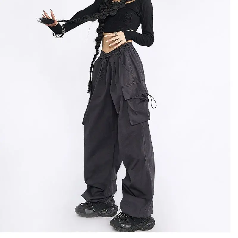 Streetwear Women Oversize Solid Cargo Pants Hip Hop Spring Summer New Drawstring Baggy Harajuku Pockets Straight Casual Trousers
