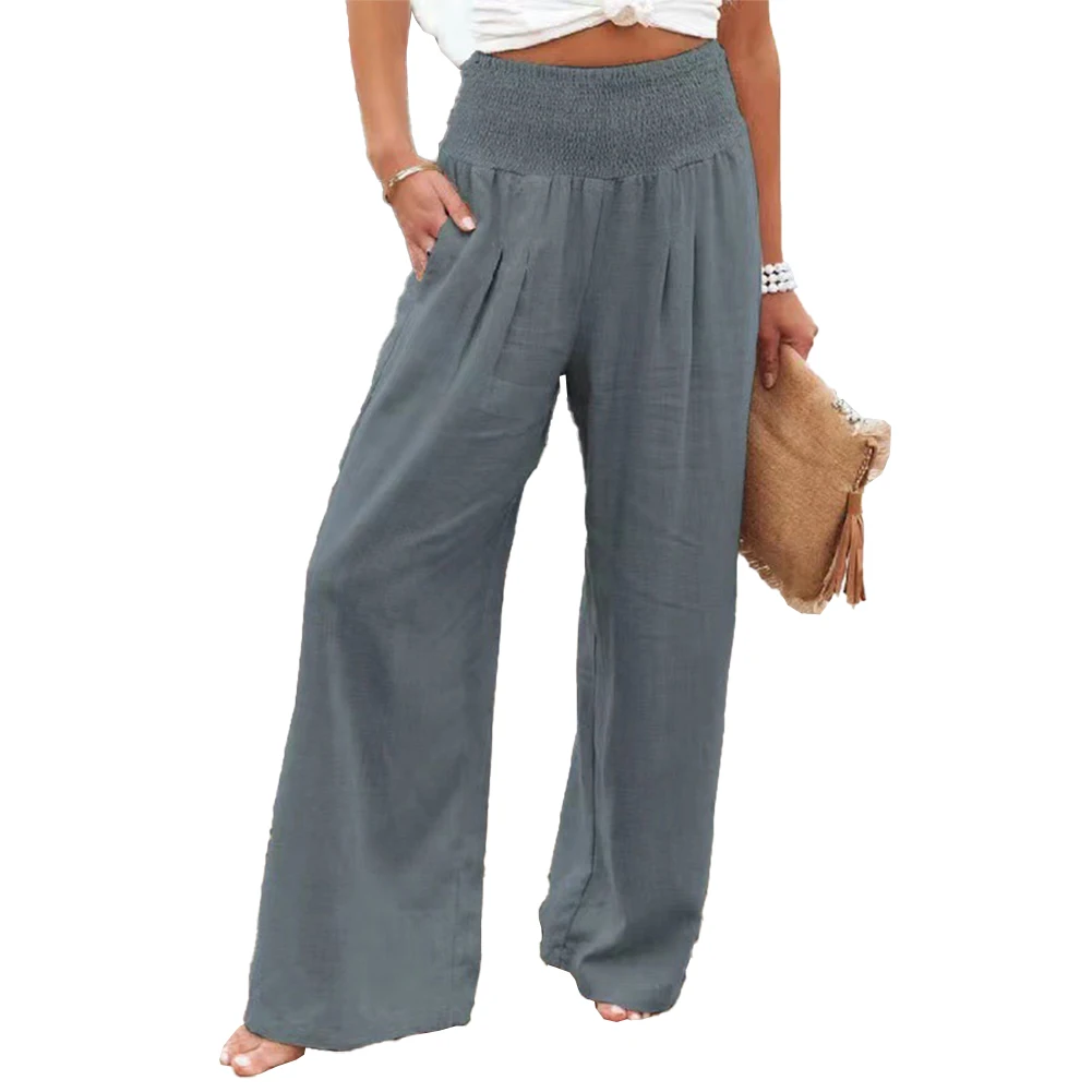 Cotton Linen Blend Wide Leg Trousers Women Long Pants Elasticated Waist Bottoms Office Lady Pockets Streetwear Oversize Pants