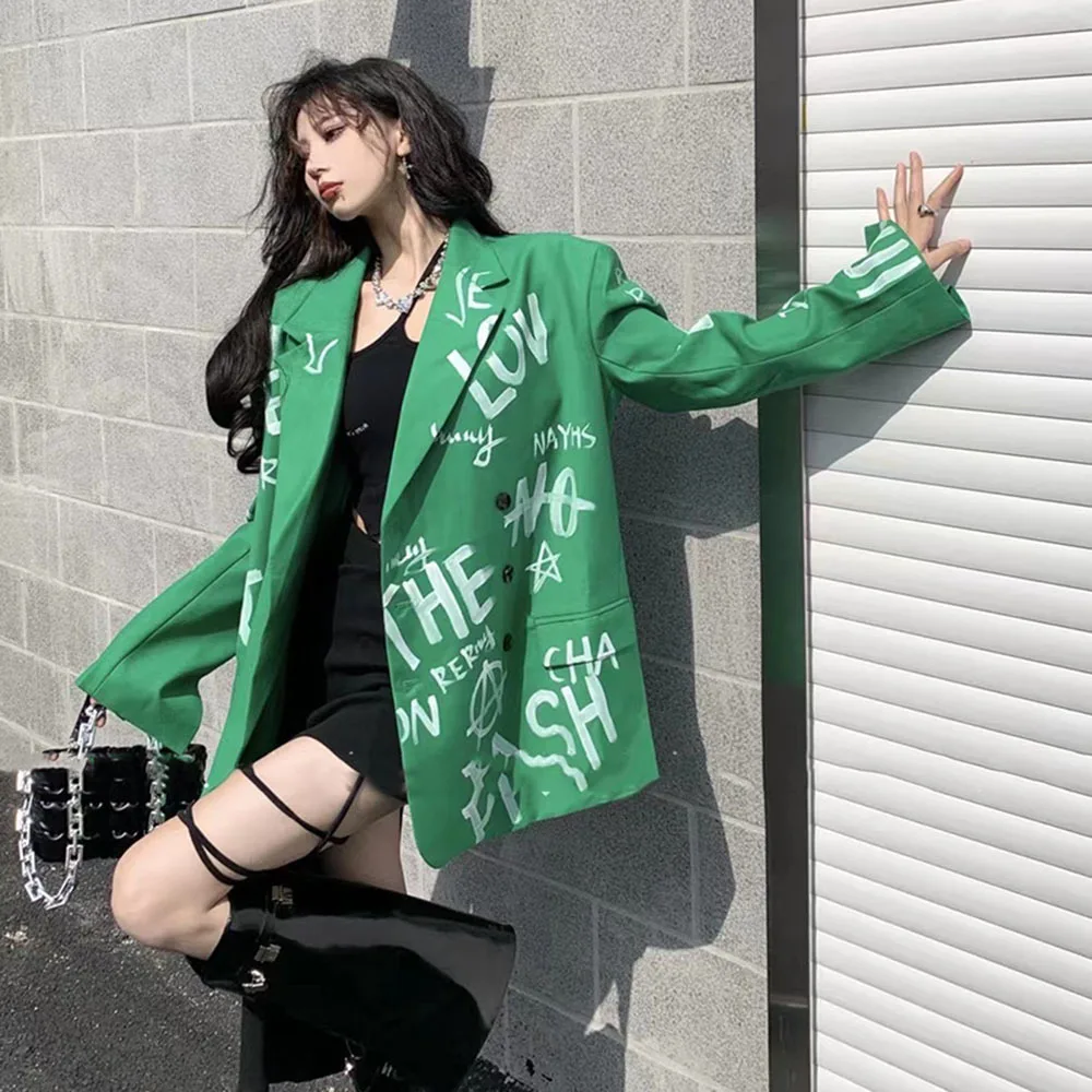 

Blazers Women Street graffiti Print Tender Spring Autumn Casual Korean Style Fashion Design Pockets Double Breasted Outwear