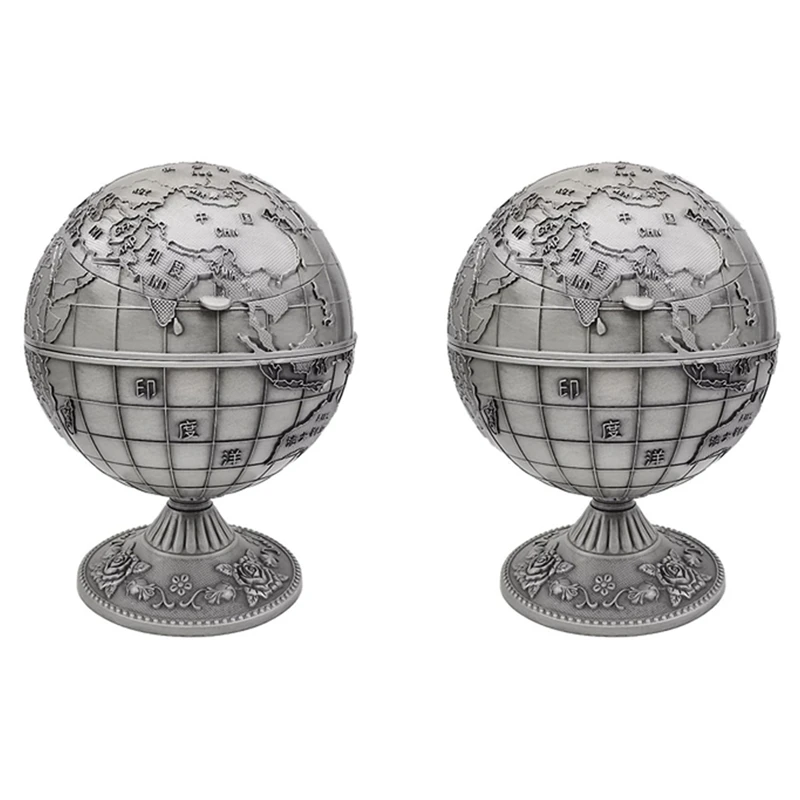 

2X Vintage Metal With Lid Globe Ashtray European Retro Home Office Hotel Ashtray Decor Smoking Accessories, Ancient Tin