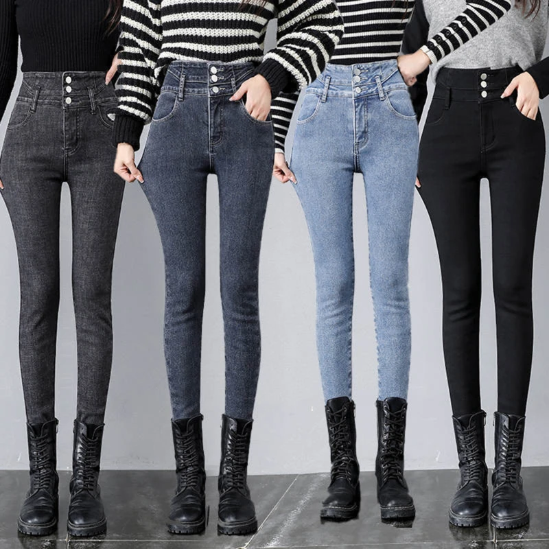 

Winter Thick Velvet Women High Waist Skinny Jeans Simple Fleece Warm Slim Fit Stretch Ladies Casual Denim Pencil Pants