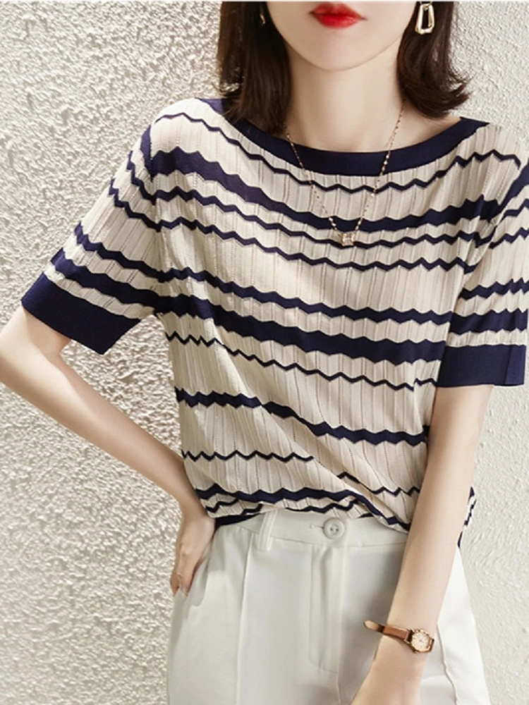 

Summer Tops Striped Tshirts For Woman Hollow Out Short Sleeve O Neck T-shirts Loose Casual Women Clothing Tees Shirt Femme Top