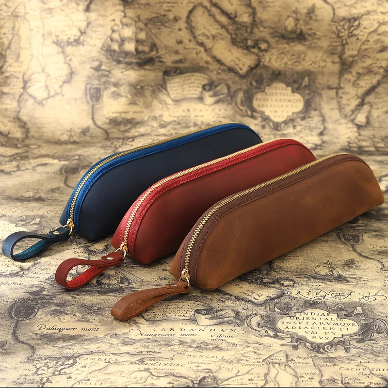 Genuine Leather Zipper Pencil Case Extended Version Large Capacity Pencil Pouch Case First Layer Cowhide Pen Protective Cover