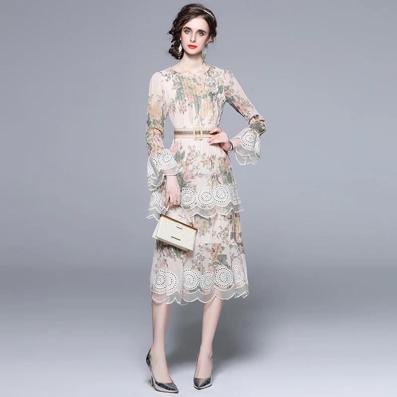 

Fashion Runway Women Embroidery Lace Splicing Flowers Party Dress Spring Elegant Flare Sleeve Slim Waist Midi Dress With Belt