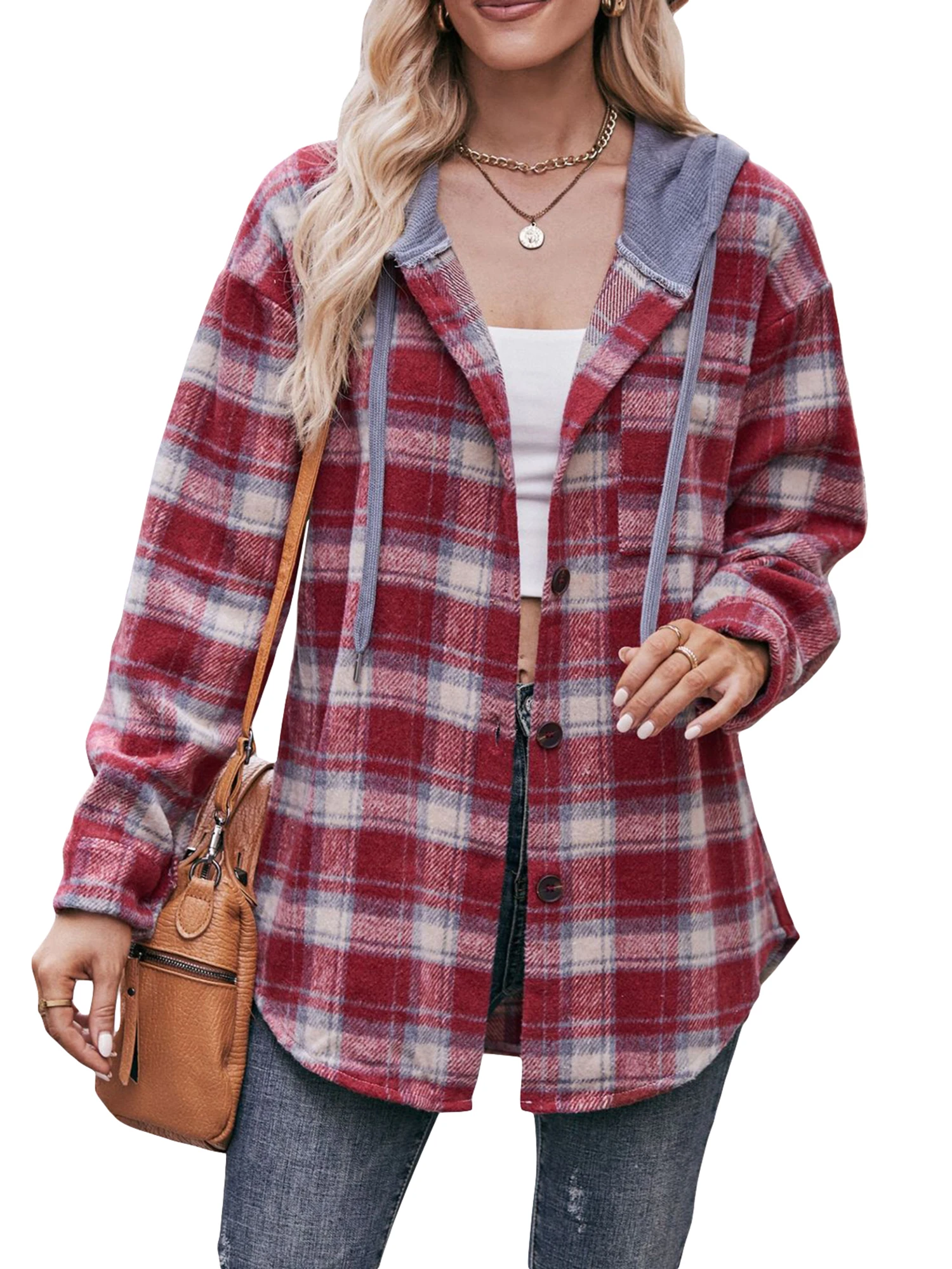 

Gloomia Women s Plaid Shacket Jacket with Hood - Stylish Long Sleeve Button Down Oversized Blouse Top for a Boyfriend Look