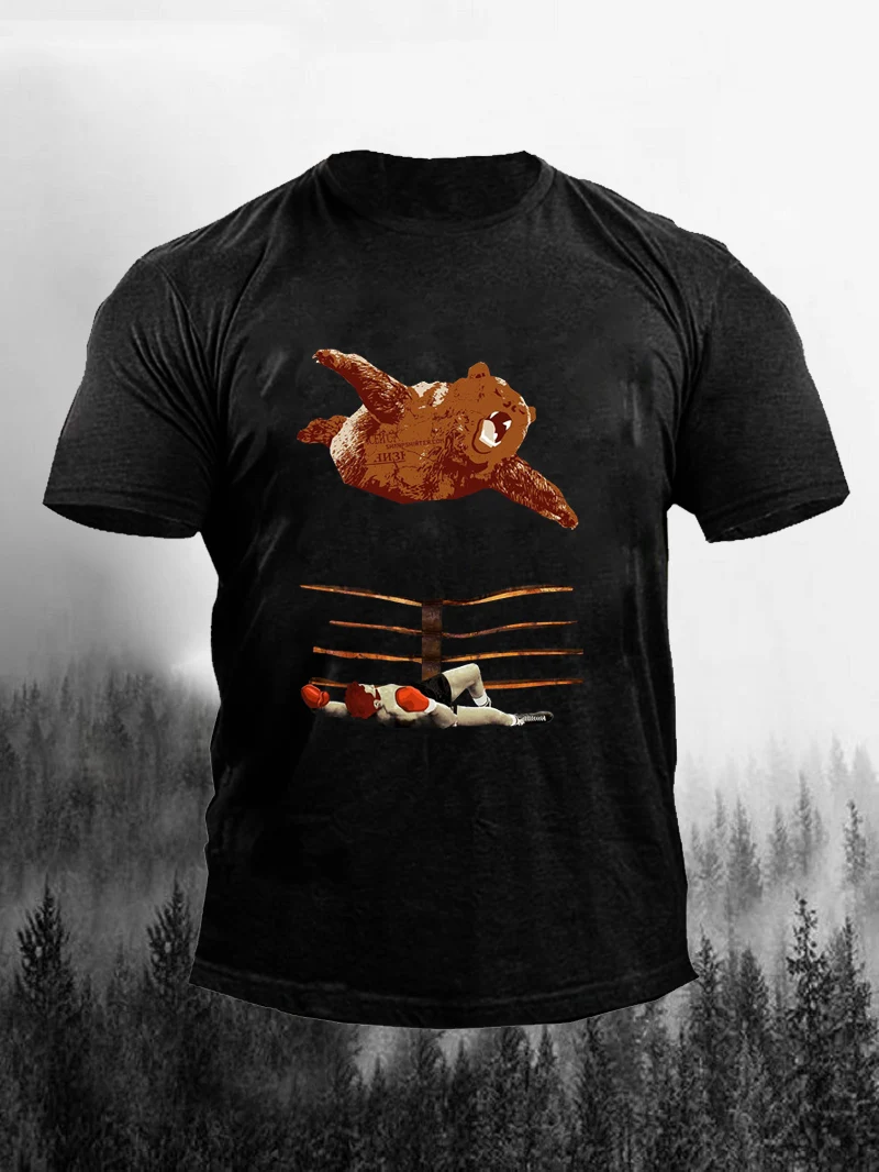 

Boxing Bear Print Crew Neck Men's Cozy Hot Sale Cotton Short Sleeve T-Shirt