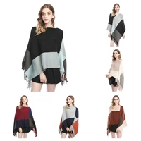 women spring autumn shawl lady knitted two way wrap contrast color tassel pullover loose sweater fall winter woolen yarn poncho