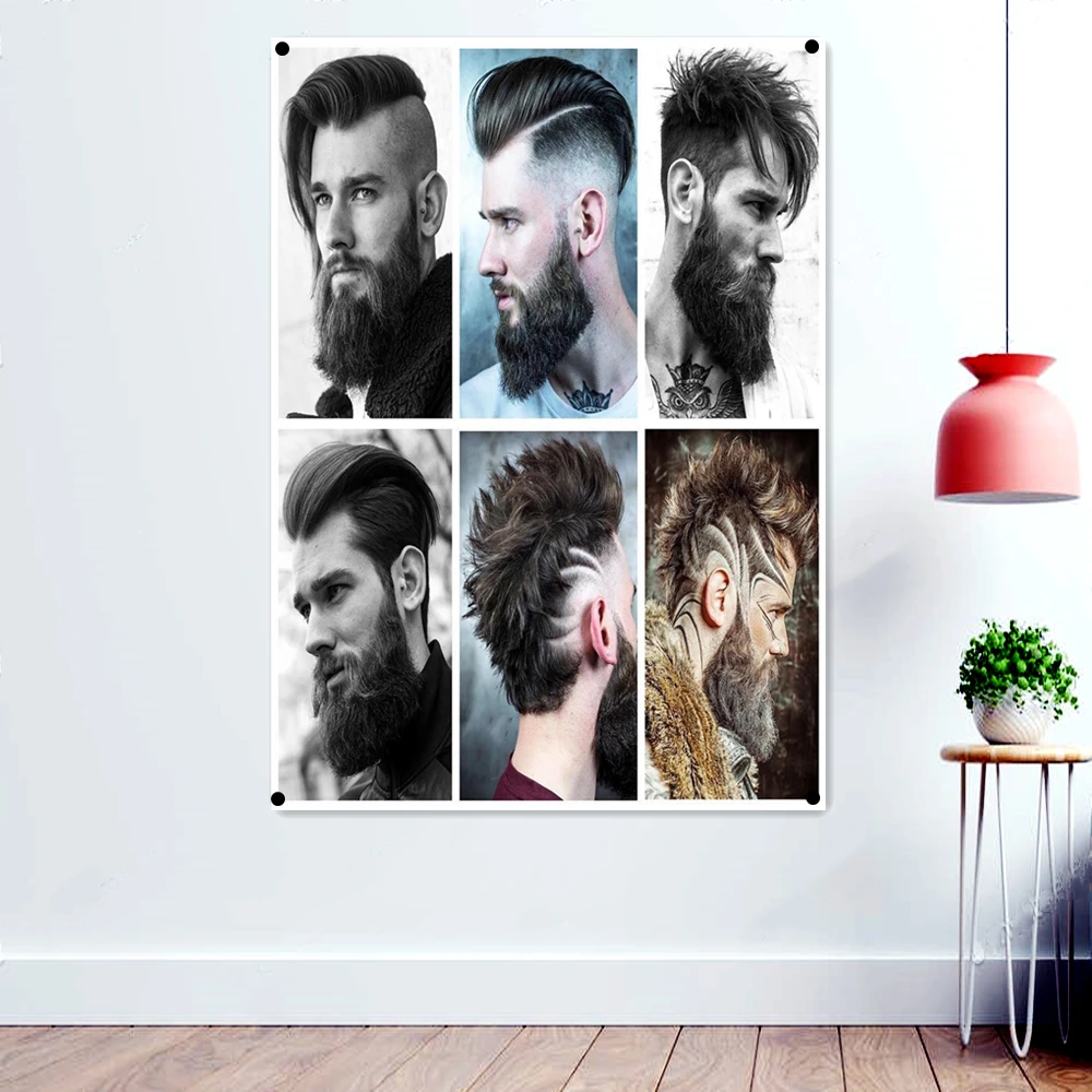 

Very Hipster Men's Long Beard Hairstyles Poster Wall Hanging Flag Vintage Barber Shop Wall Decor Painting Barber Salon Banners