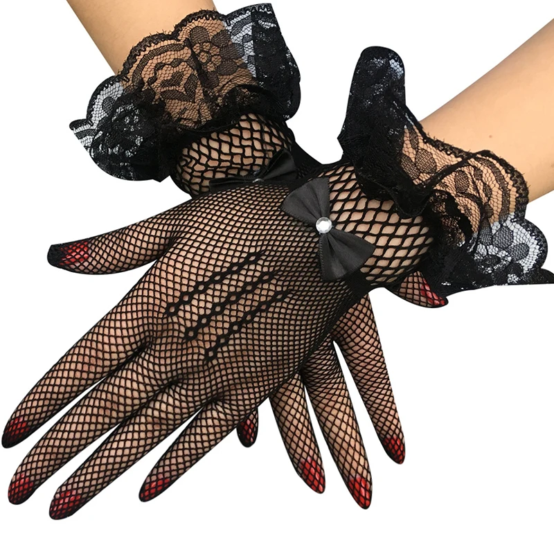 

Rhinestone Bow Lace Design Mesh Fishnet Gloves Black White Summer Uv-proof Driving Gloves Sheer Fishn Net Full Finger Mittens