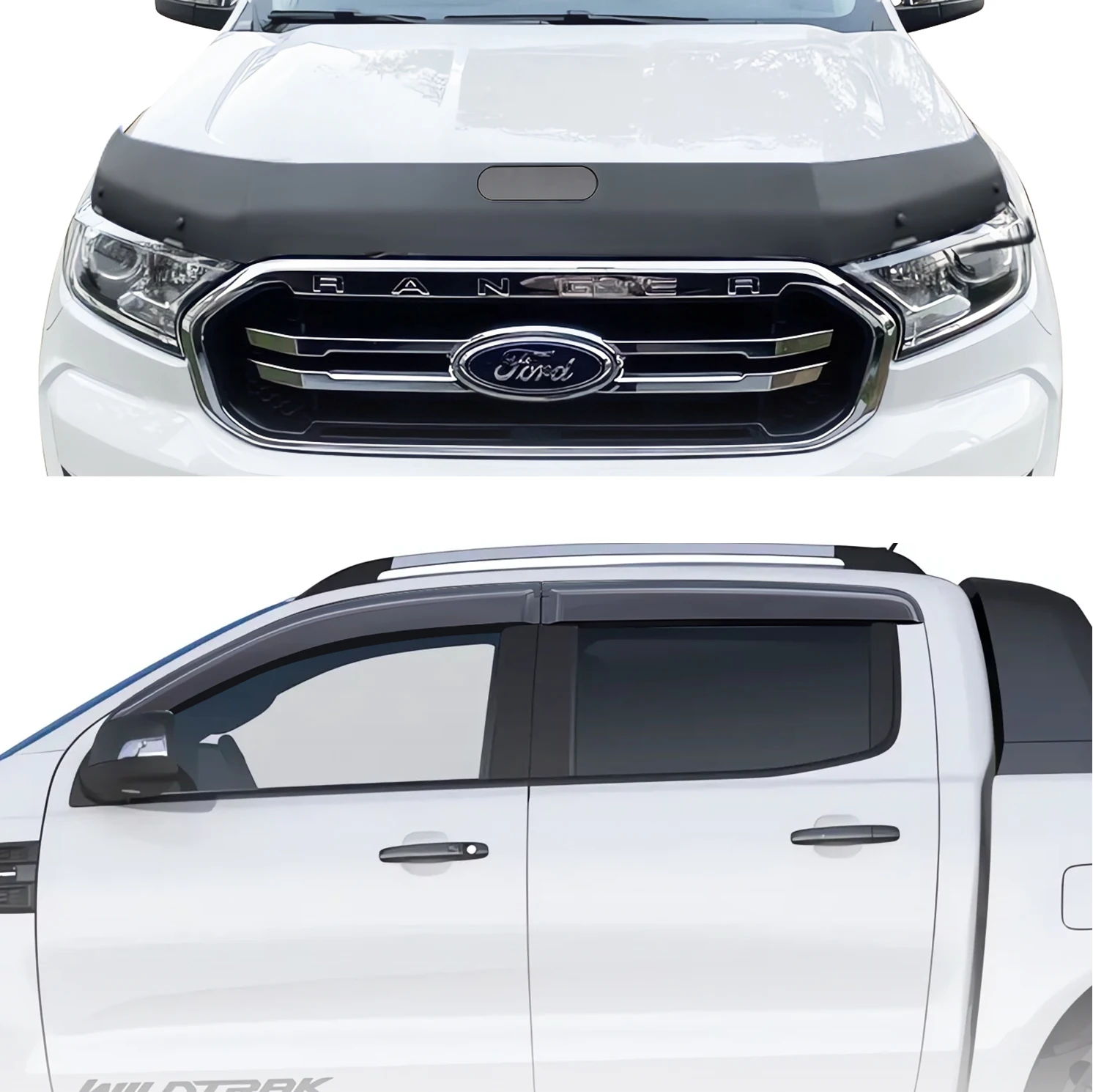 Набор ветровых щитков для оконного козырька + комплект защиты капота Ford Ranger T7 T8