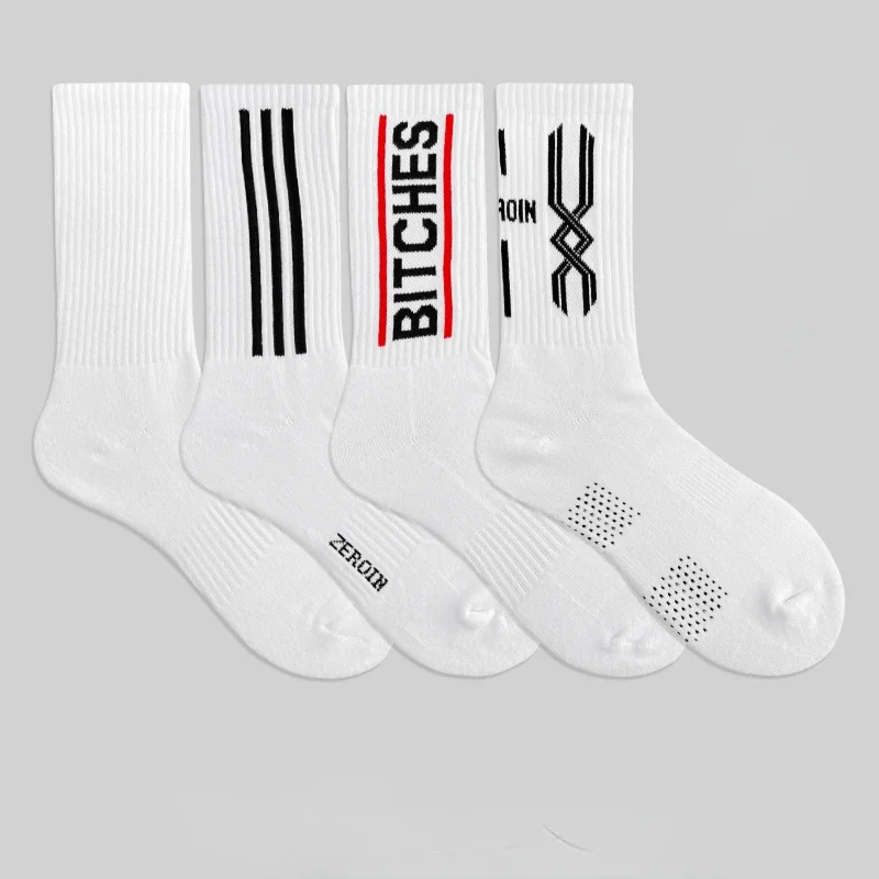 4 Pairs of Men's Socks Medium Long Tube Towel Bottom Sports Black and White Thickened Pure Cotton Socks Tooling Socks