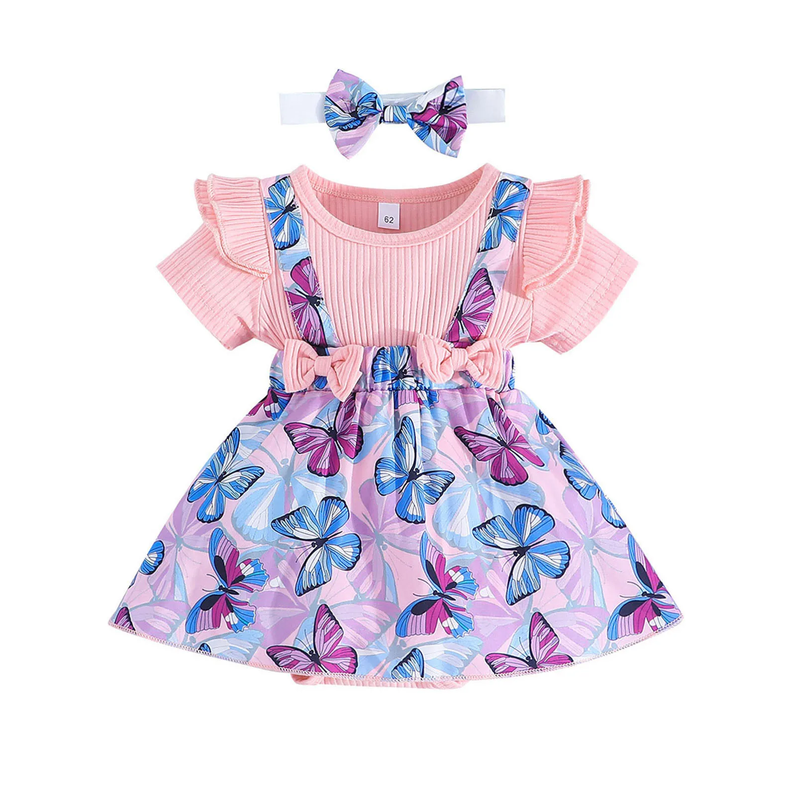

Ребристый комбинезон с короткими рукавами и принтом бабочки для маленьких девочек; Платье-боди набор повязок для новорожденных