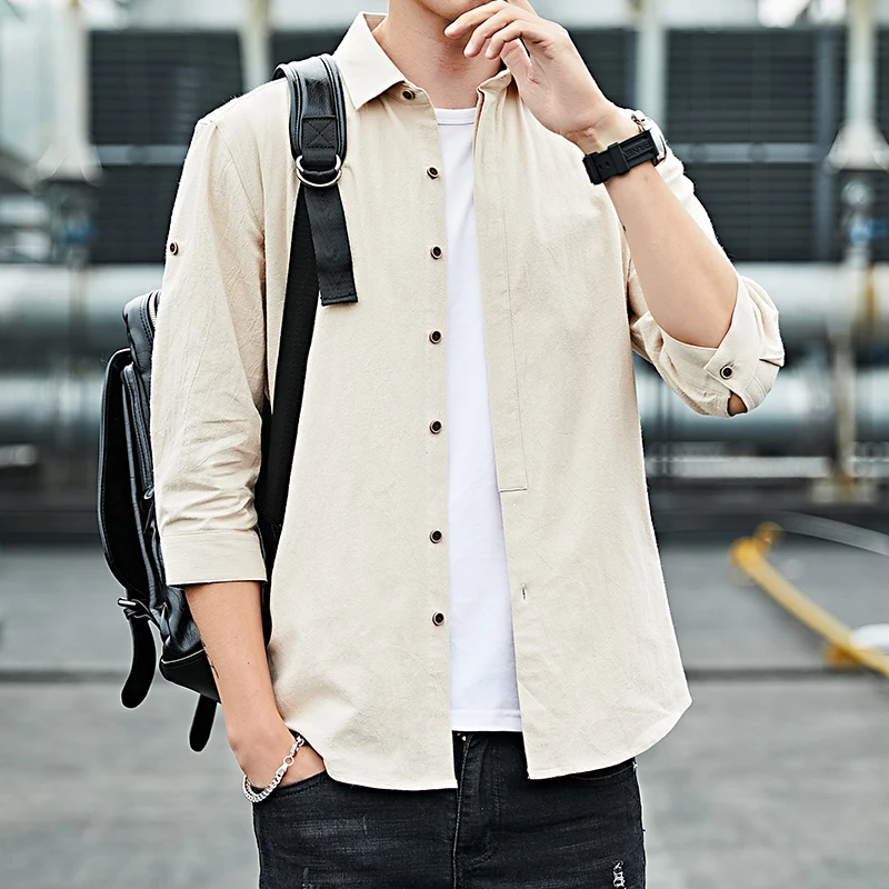 

UYUk Brand Male Summer 100Cotton Seven-point Sleeve Shirt Men's Spring Korean Shirt Handsome Slim Large Size Shirts for Men Gray