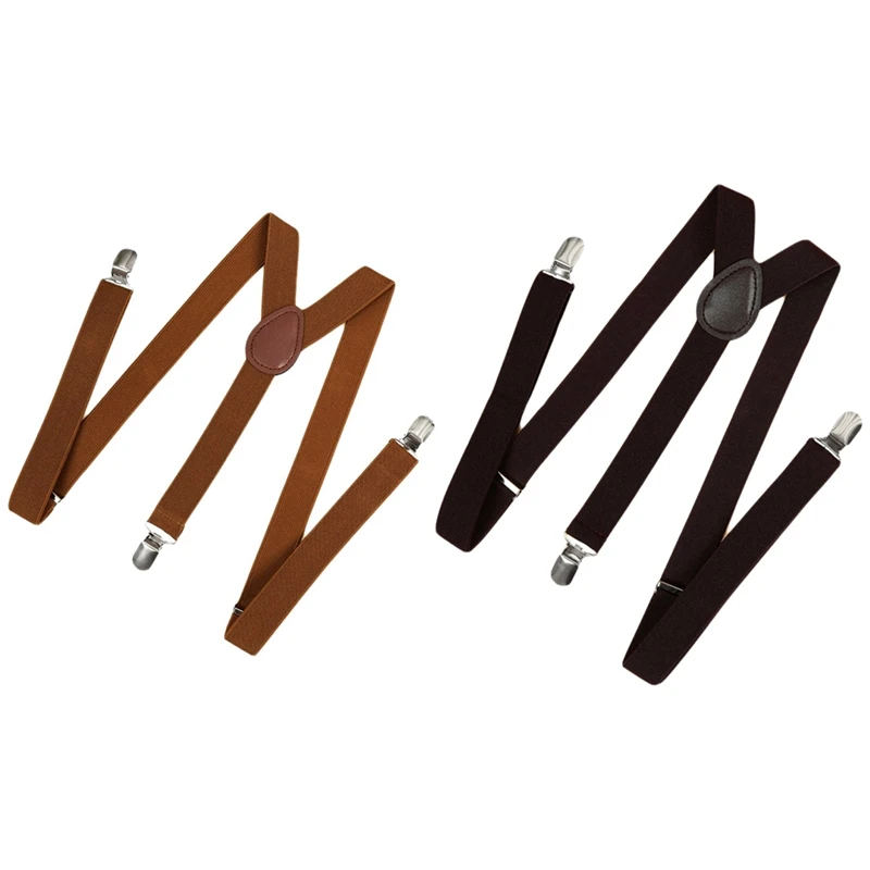 

2 Pcs Unisex Clip On Suspender Elastic Y-Shape Back Formal Adjustable Braces, Brown & Coffee