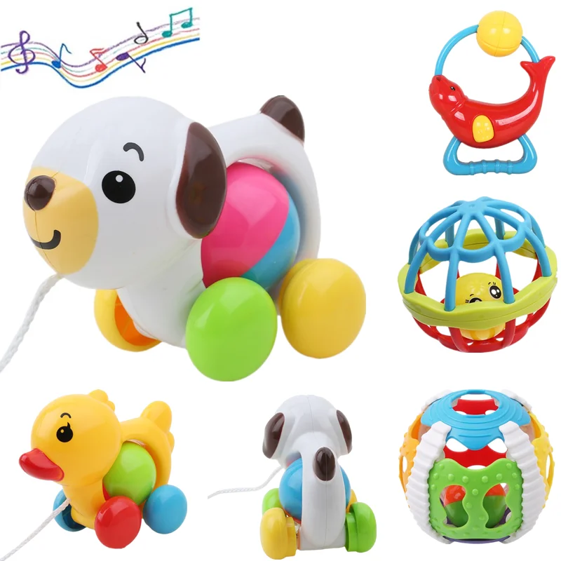 

Детские игрушки, Традиционная игрушка-погремушка, утка, собака, пластиковые игрушки для детей, звуковая игрушка, Новорожденный ребенок, развивающая гуляющая игрушка, погремушки