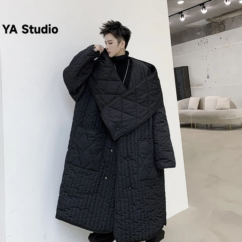

[YA Studio] 2023 Autumn And Winter New Thin Dark Cotton-padded Coat Men's Medium Long Diamond Plaid Cotton-padded Coat