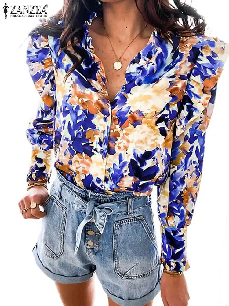 

Party Shirt Holiday Baggy Blusas Tunic 2022 Spring Retro Printed Tops Women ZANZEA Casual V Neck Chic Long Sleeve Ruffle Chemise