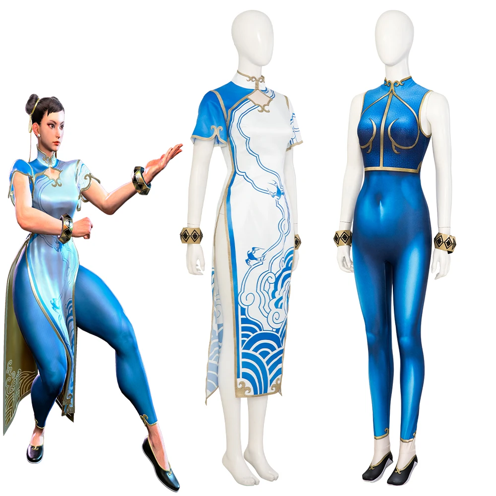 

Chun Li Cosplay Battle Outfits Women Sexy High Slit Blue Cheongsam Dress Suits Halloween Carnival Disguise Party Costume