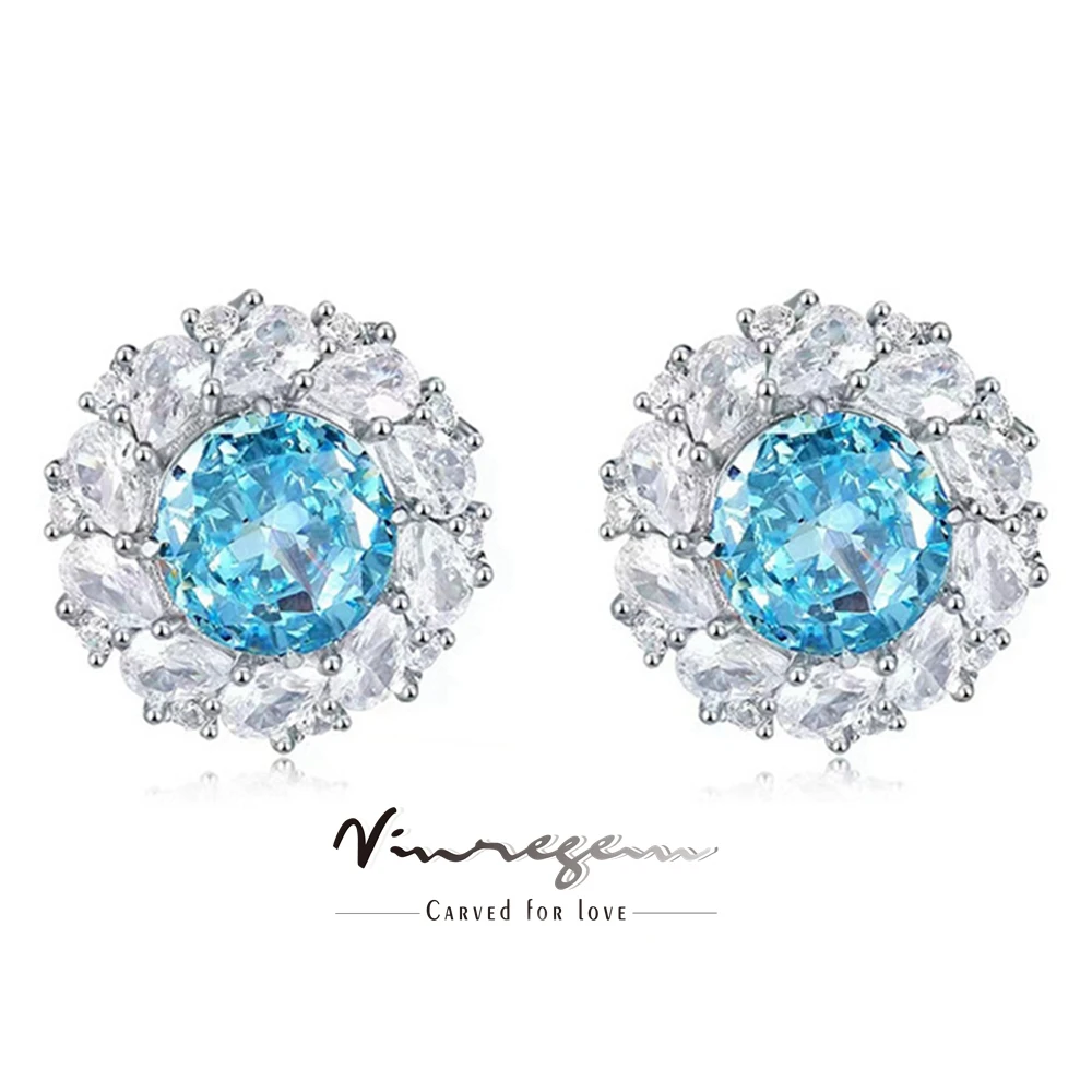 Серьги-гвоздики с аквамарином из серебра 100% пробы