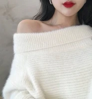 new 2021 slash neck knitted sweaters off shoulder pullovers sweater for women long sleeve female jumper pink white sexy clothing