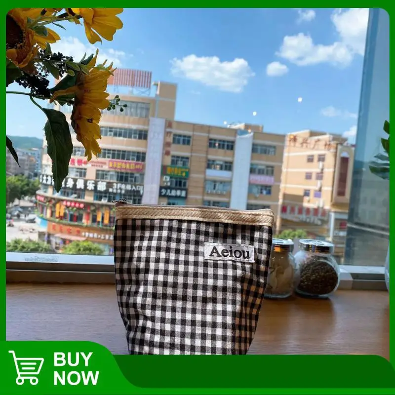 

Tide Canvas Purse In Hand Mini Cosmetic Bag Handbag Storage Bag Portable Plaid