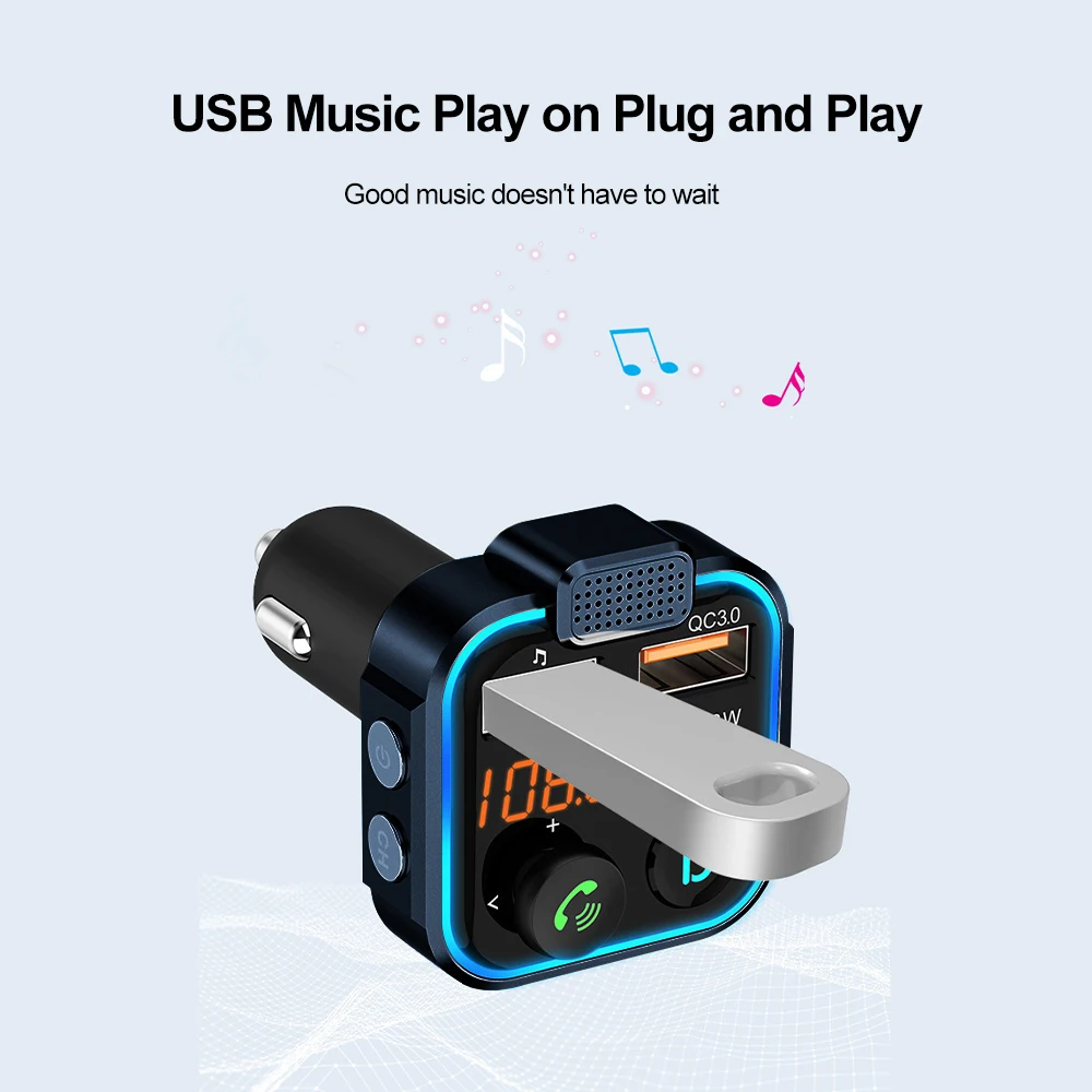 Автомобильный Bluetooth 5 0 FM-передатчик MP3-плеер Большой микрофон QC3.0 PD20W Dual USB Быстрое