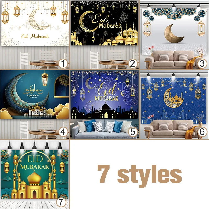 

Ramadan Kareem Background Hangings Eid Mubarak Islamic Mosque Golden Lamp Moon Star Photo Polyester Cloth Flag Home Party Decor