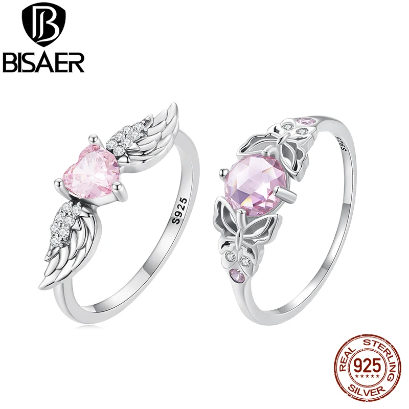 

BISAER 925 Sterling Silver Pink Butterfly Ring Wing Heart CZ Promise Band Plated Platinum for Women Party Original Fine Jewelry