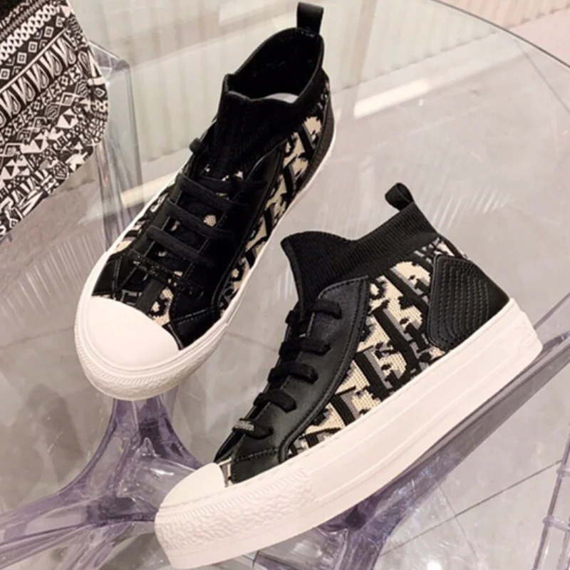 

2021 New Designer Flat Women Shoes Elastic Lace-Up Letter Pattern Platform Sneakers Luxury Knitted Stretch Vulcanized Shoes