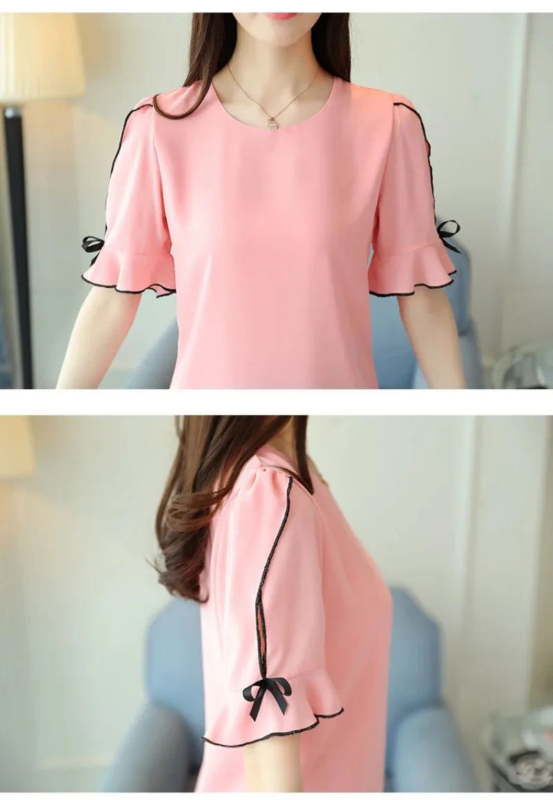 Блузка женская шифоновая с коротким рукавом и круглым вырезом D19