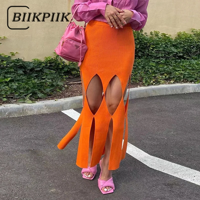 

Модные длинные юбки с вырезами BIIKPIIK в форме бриллиантов, женские облегающие ребристые юбки с высокой талией для вечеринки, элегантные Макси...