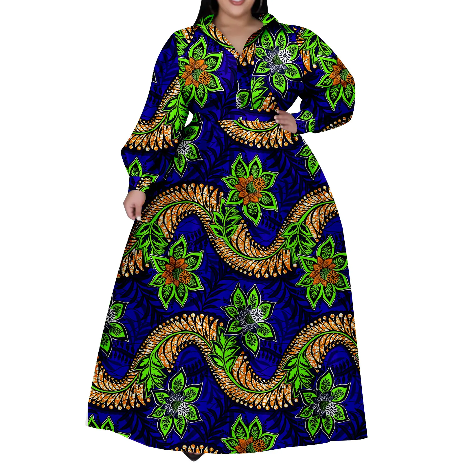African Women's Plus Size Long Sleeve Lapel Dress Retro Patchwork Ankara Print Cotton Loose Dress A2225137
