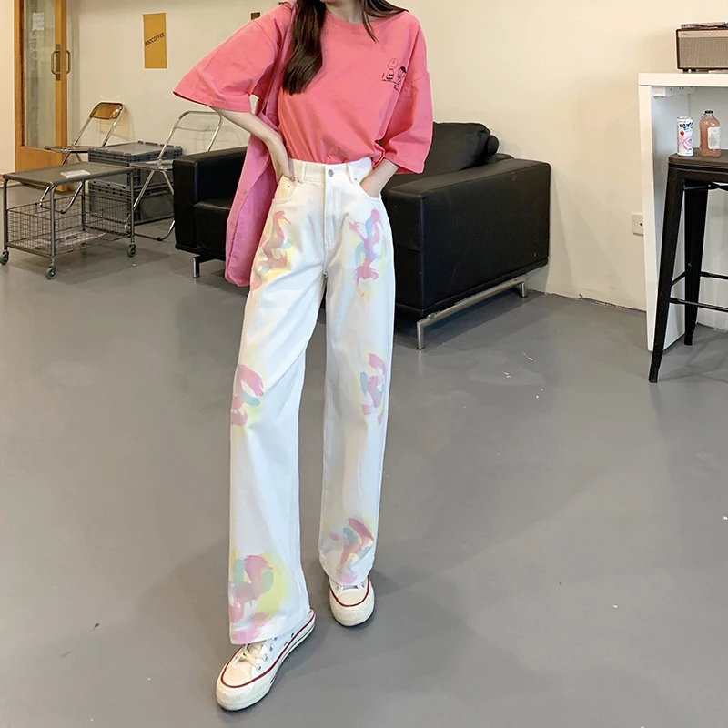 

Женские повседневные джинсы размера плюс, верхняя одежда, белые свободные прямые хлопковые джинсовые брюки с широкими штанинами и брызгами