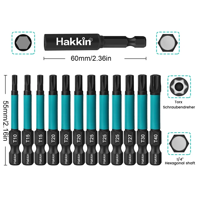 Unleash Precision с набором бит Torx 13 шт. 55 мм. Магнитный шестигранный хвостовик 1/4 дюйма.