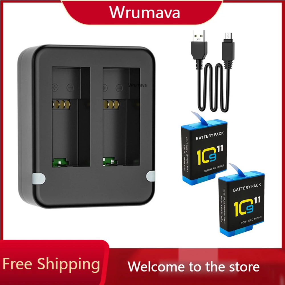 Wrumava Dual Port Slot Double Battery Charger For Gopro Go Pro Hero 11 10 9 Black with USB Cable Action Camera Accessory