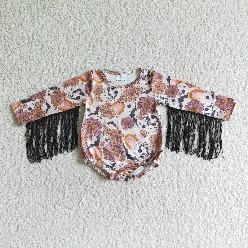 

Модный осенне-зимний комбинезон для девочек с цветочным принтом черепа с длинным рукавом черный дизайн с бахромой Новое поступление детска...